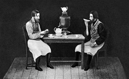 Федоскинская миниатюра. Чаепитие. Миниатюра на настольном прессе. Кон. 19-нач. 20 вв.